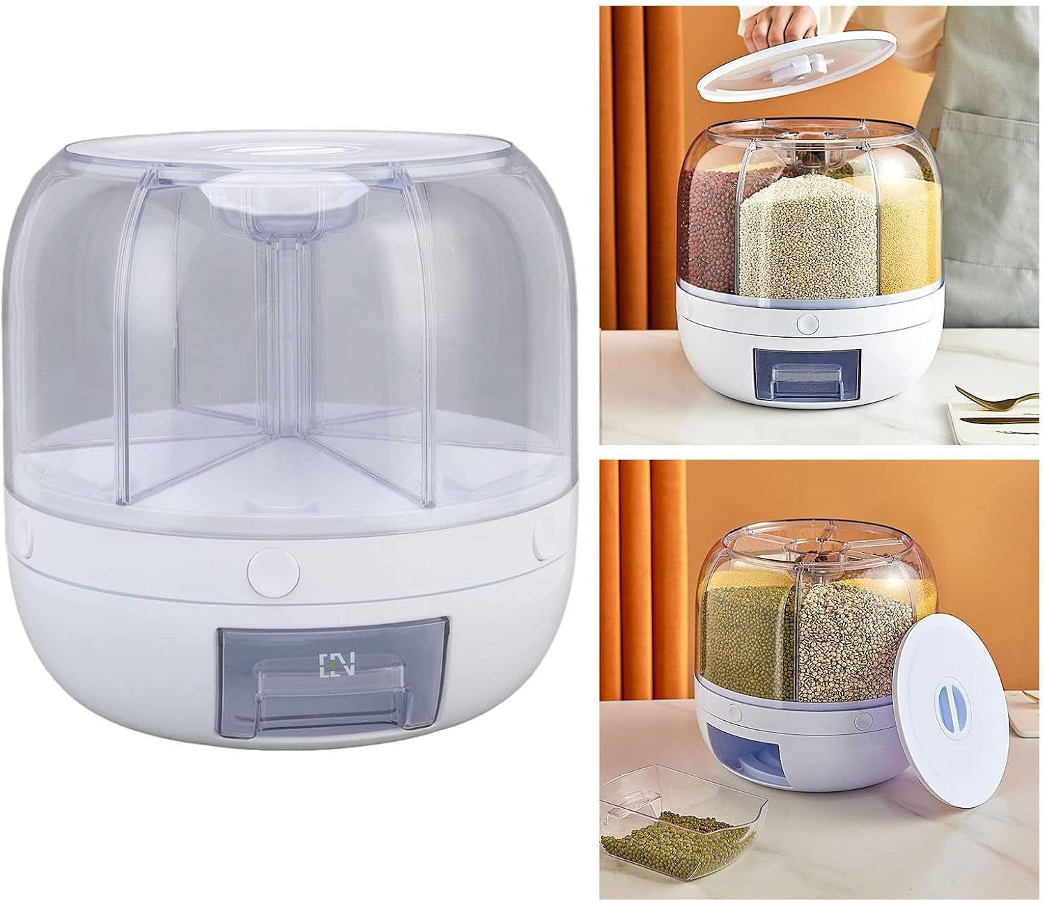 6 Grids round Dispenser, Dispensador De Cereal 360° Rotating Storage Container Transparent Sealed Container, Dispensador De Granos with Removable Cover for Home Kitchen