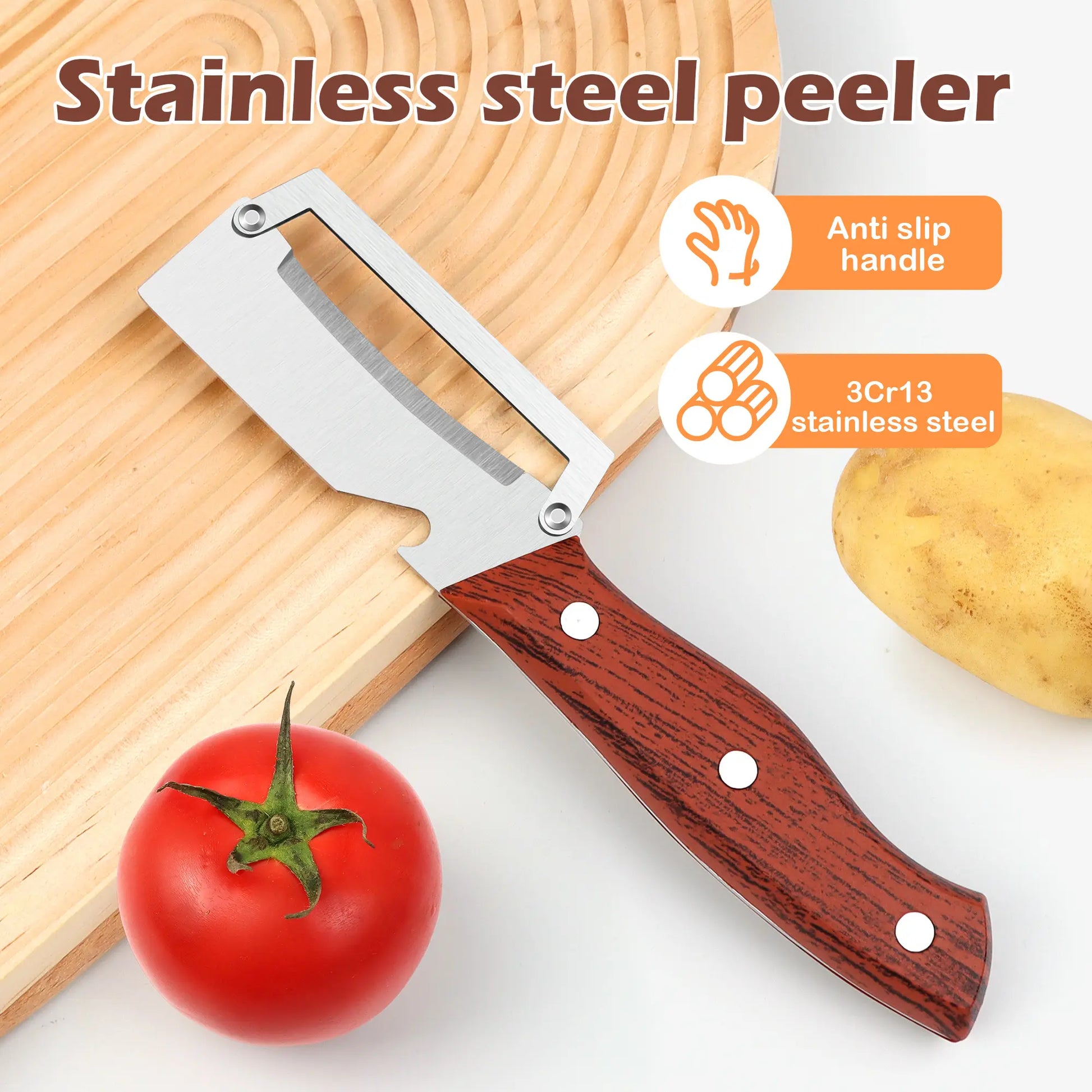 Stainless Steel Sharp Peeler with Wooden Non-Slip Ergonomic Handle, Built-In Bottle Opener, Long-Lasting Construction for Fruits & Vegetables, Essential Kitchen Tool