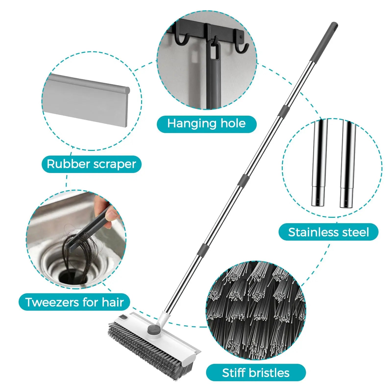 JOIORBOO 3-In-1 Floor Scrub Brush with Long Handle – Double-Sided Bristle & Squeegee for Bathroom, Shower & Kitchen