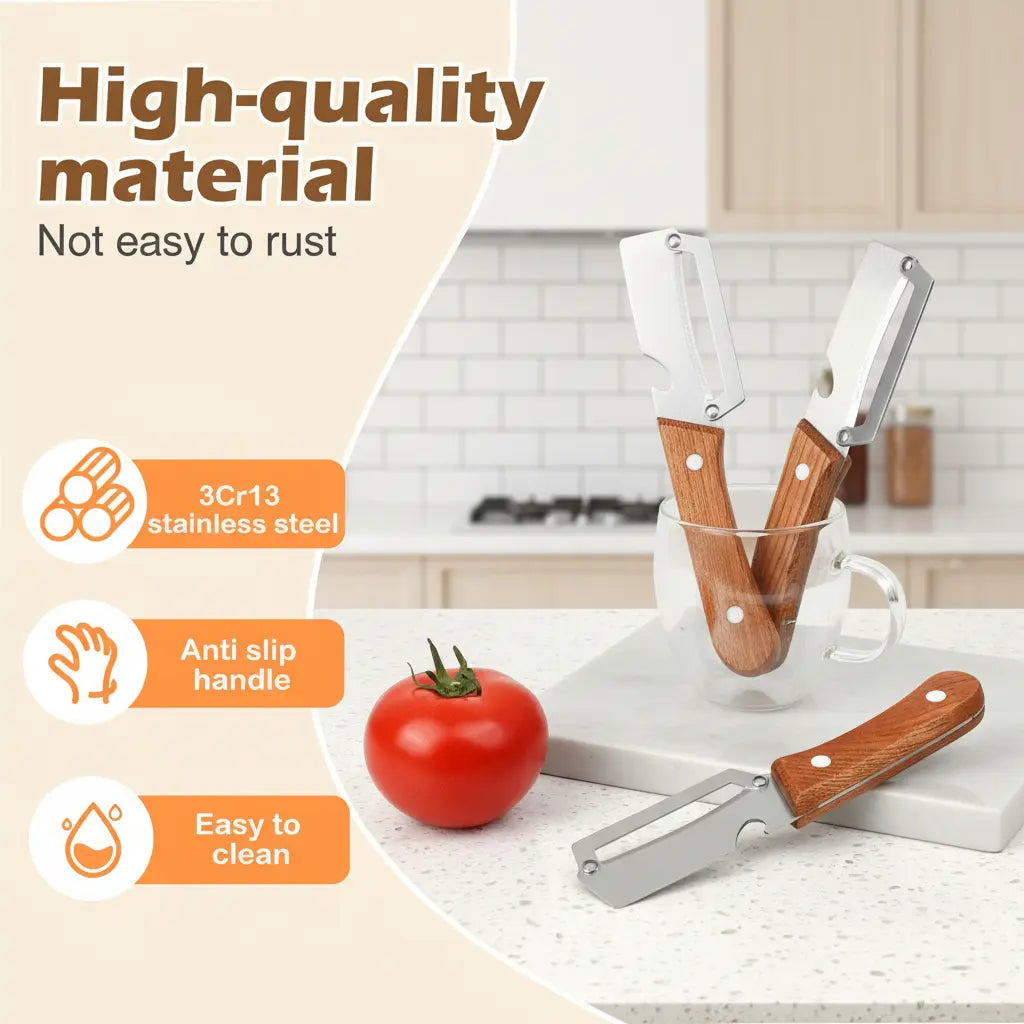 Stainless Steel Sharp Peeler with Wooden Non-Slip Ergonomic Handle, Built-In Bottle Opener, Long-Lasting Construction for Fruits & Vegetables, Essential Kitchen Tool