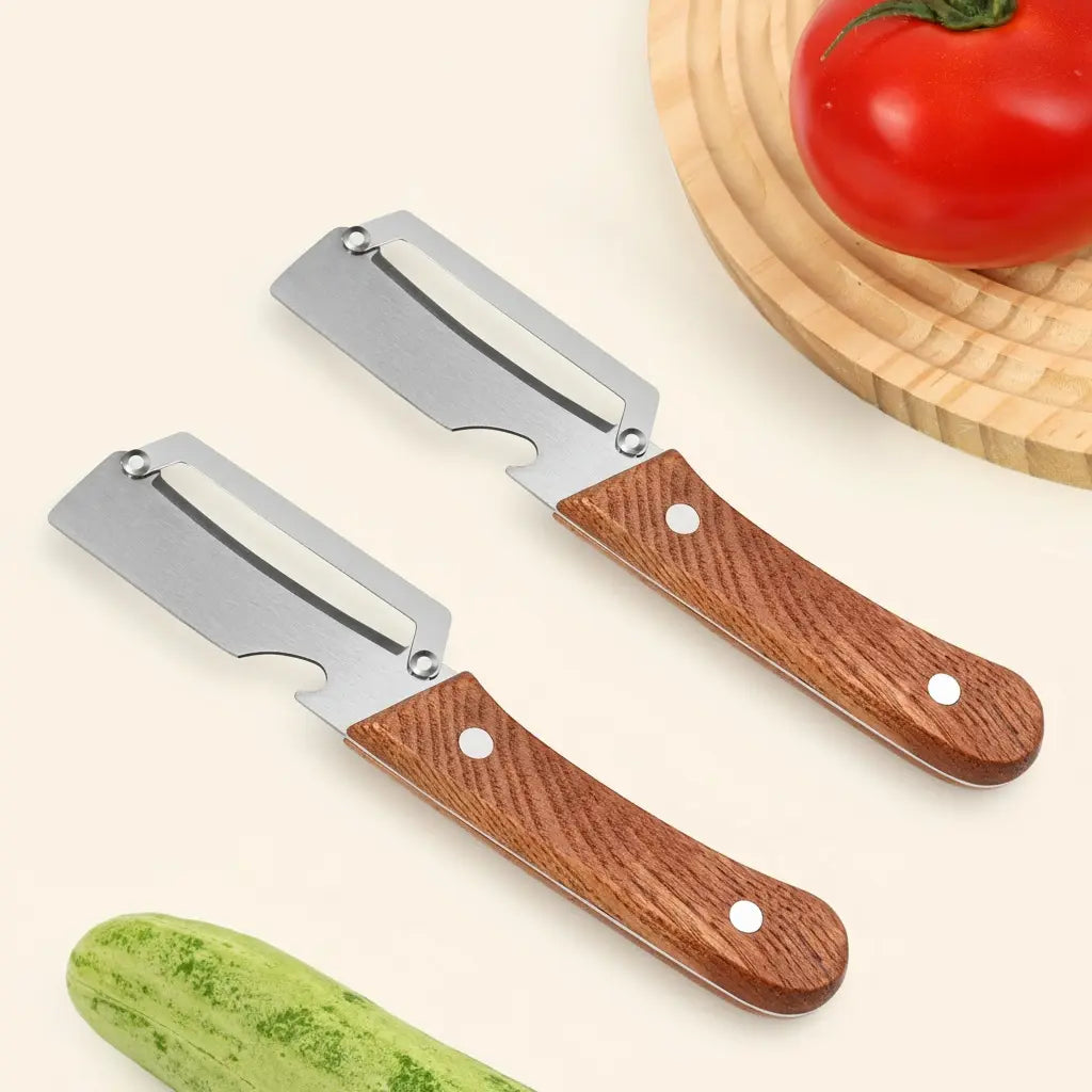 Stainless Steel Sharp Peeler with Wooden Non-Slip Ergonomic Handle, Built-In Bottle Opener, Long-Lasting Construction for Fruits & Vegetables, Essential Kitchen Tool