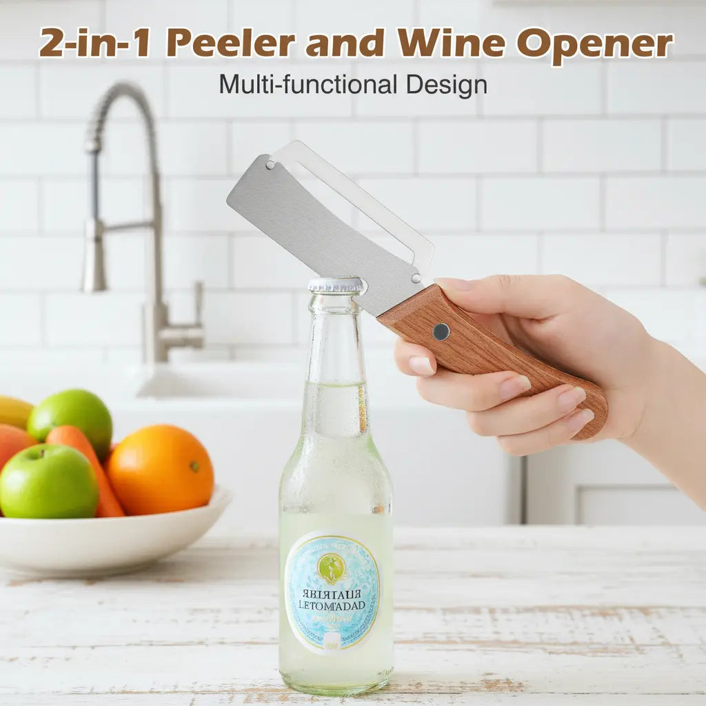 Stainless Steel Sharp Peeler with Wooden Non-Slip Ergonomic Handle, Built-In Bottle Opener, Long-Lasting Construction for Fruits & Vegetables, Essential Kitchen Tool