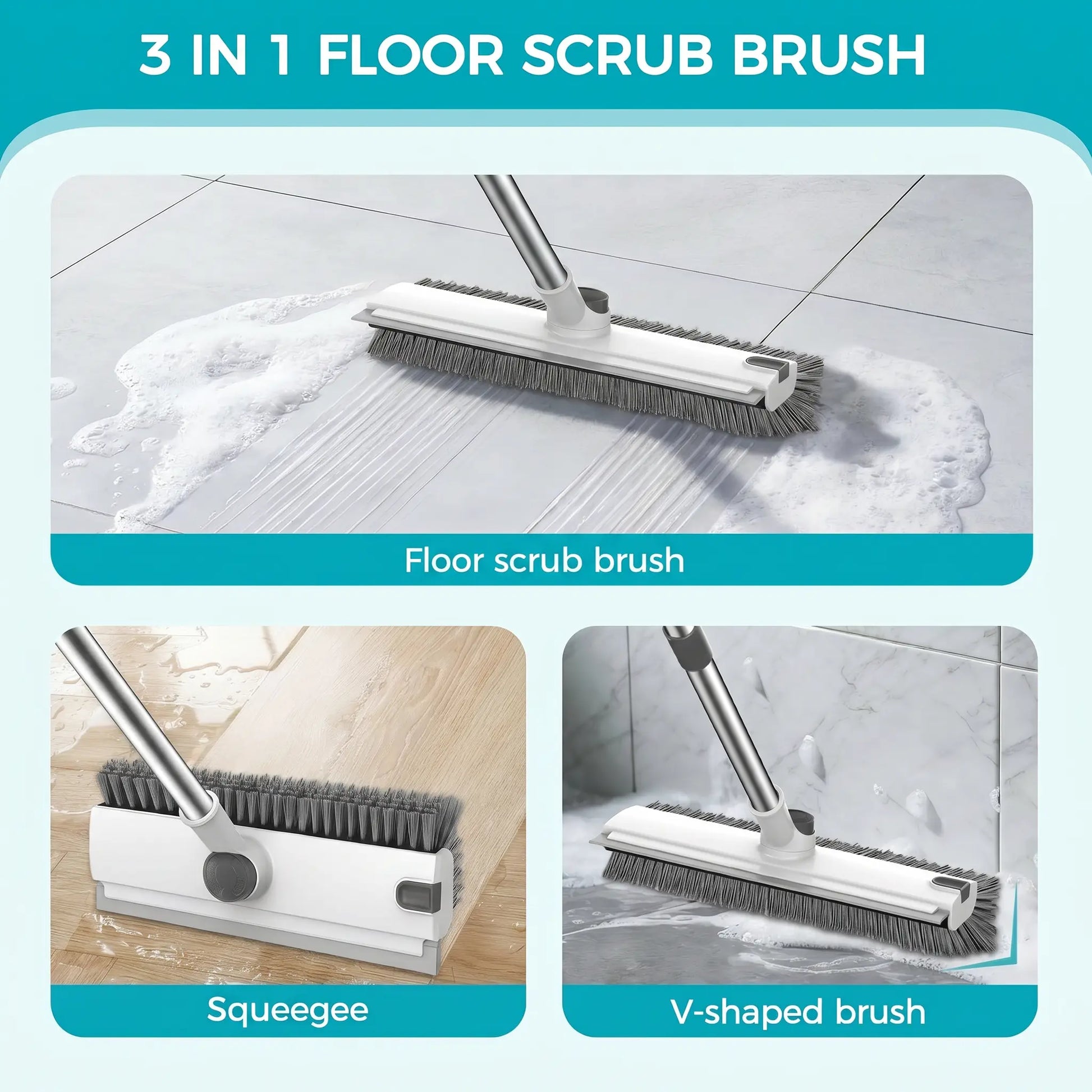 JOIORBOO 3-In-1 Floor Scrub Brush with Long Handle – Double-Sided Bristle & Squeegee for Bathroom, Shower & Kitchen